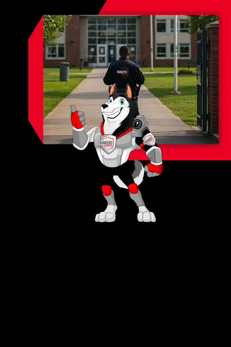 Rangers Security Group’s mascot and on-site expert symbolizing security solutions for educational institutions to safeguard assets and ensure a safe learning environment