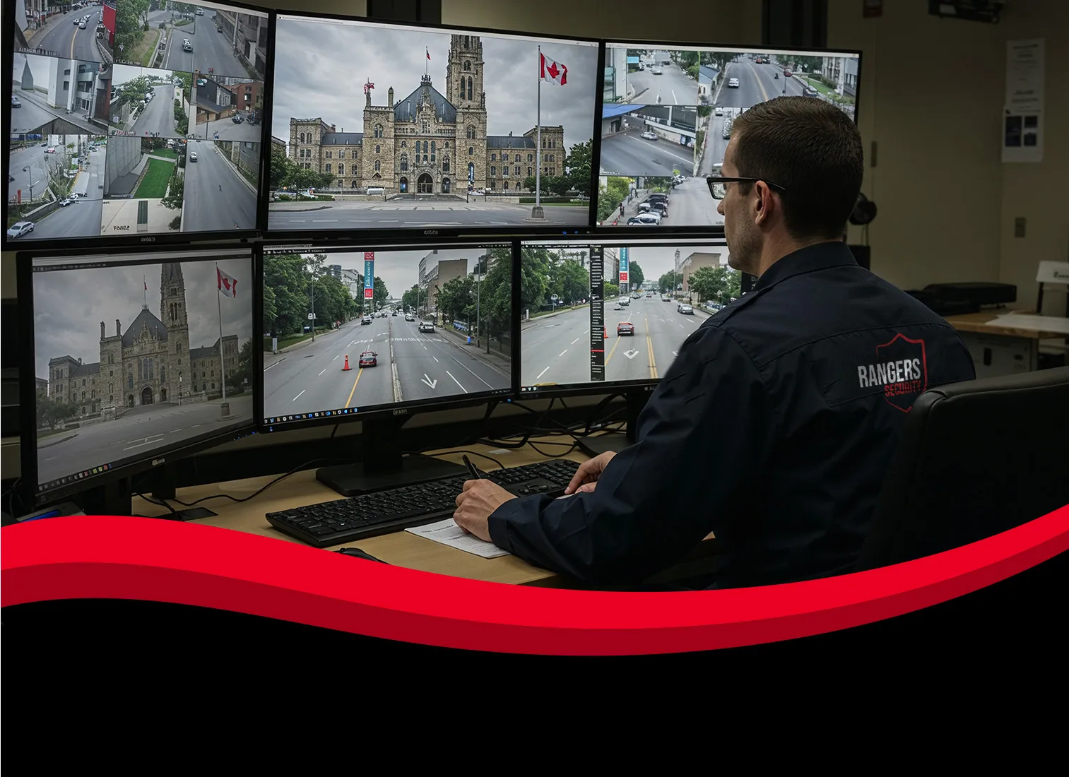 Rangers Security Group’s expert is monitoring real-time screens to mitigate risks such as vandalism, theft, and unauthorized access in government facilities.