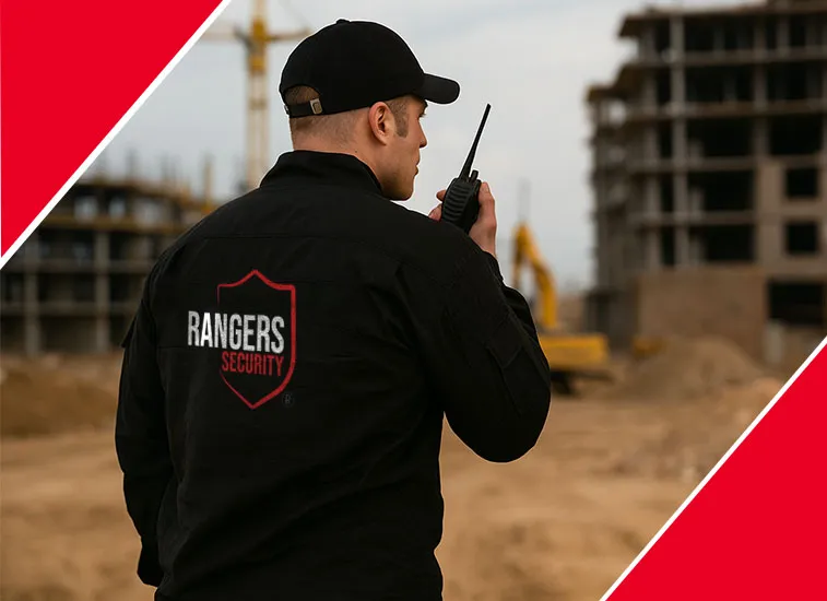 Rangers Security officer monitoring surveillance screens and watching the sites in real-time, highlighting 24/7 security services.
