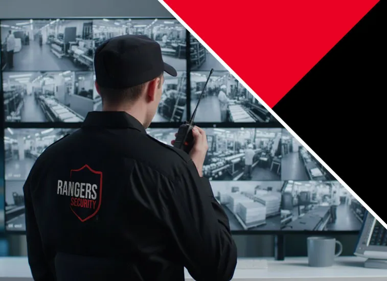 Rangers Security Group’s security guard in uniform, using a wireless device to communicate with the team while providing proactive on-site security.