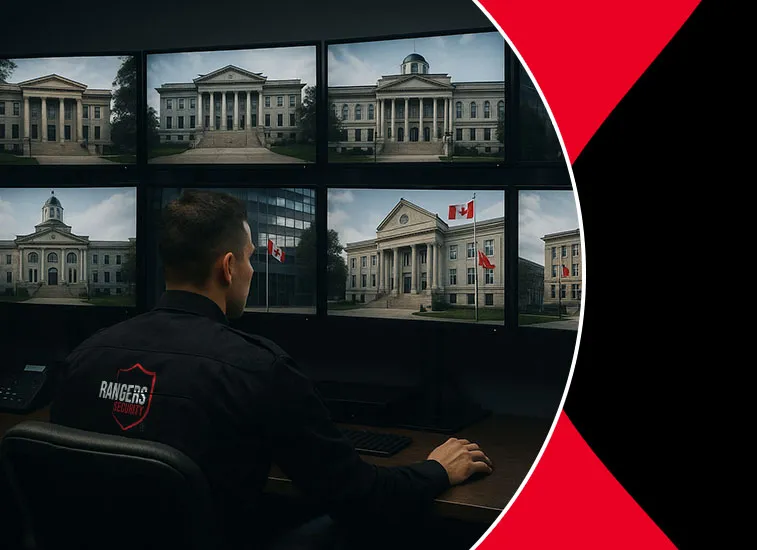 Rangers Security officer monitoring surveillance screens and watching the sites in real-time, highlighting 24/7 security services.