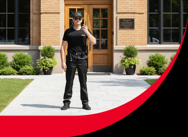 Rangers Security Group’s security guard in uniform, using a wireless device to communicate with the team while providing proactive on-site security.