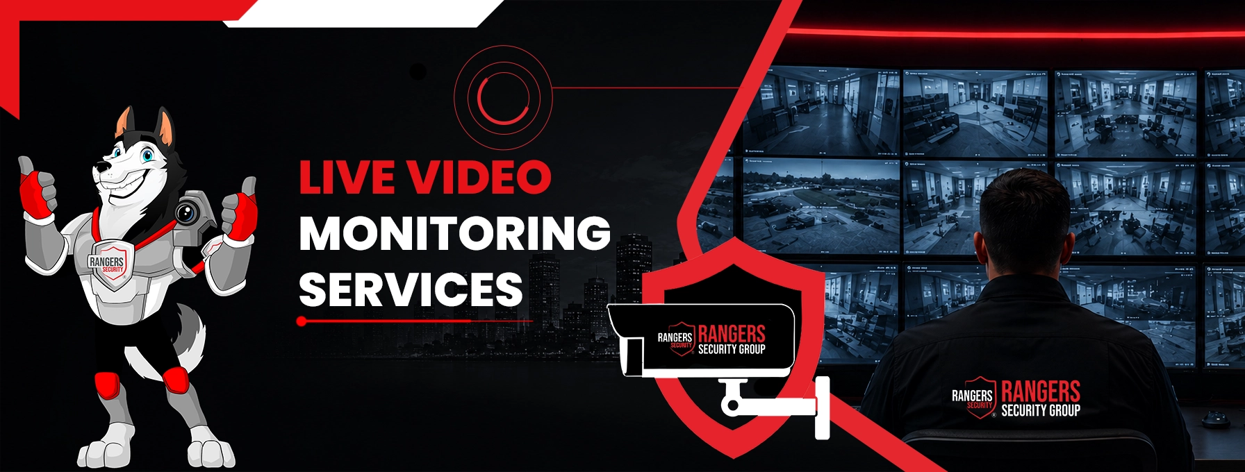 officer and wolf mascot monitoring multiple surveillance screens of various sites, representing advanced and attentive live video monitoring by trained security officers