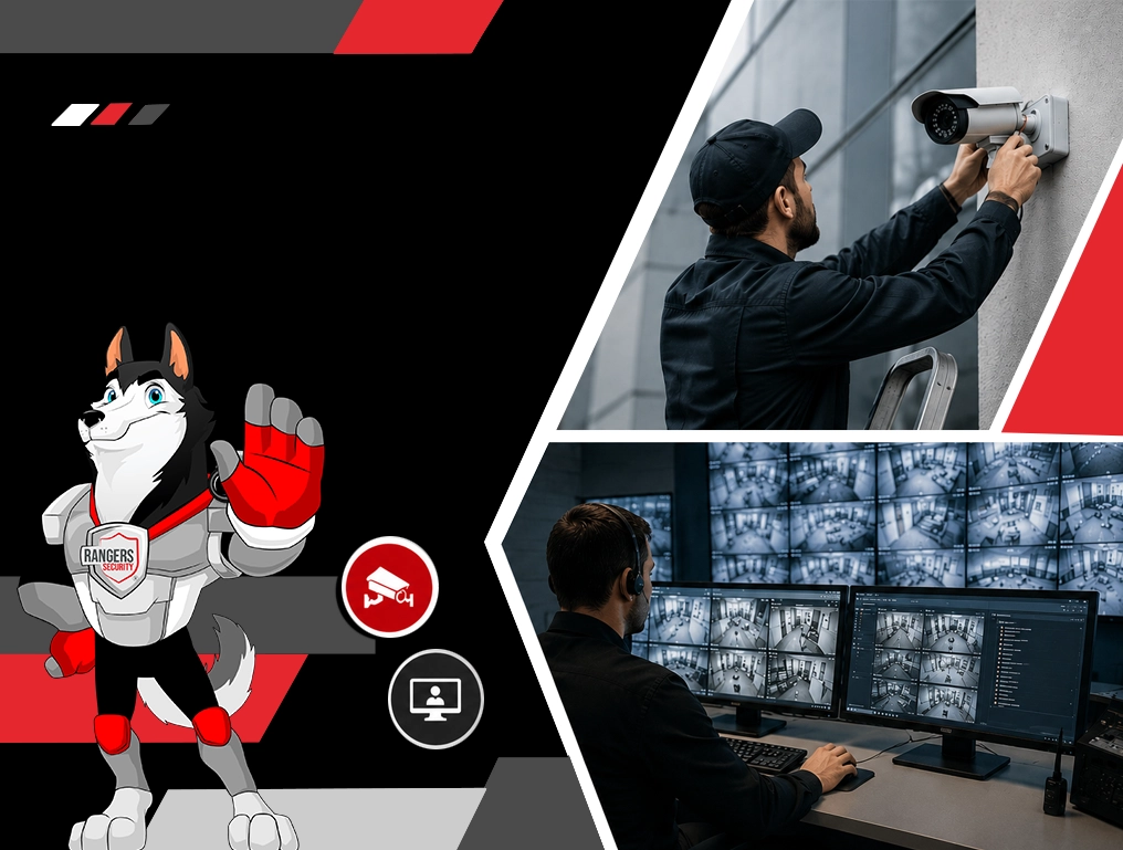 Security operator monitoring screens while manager reviews system performance in control room, representing Rangers Security Group’s ongoing system improvement process