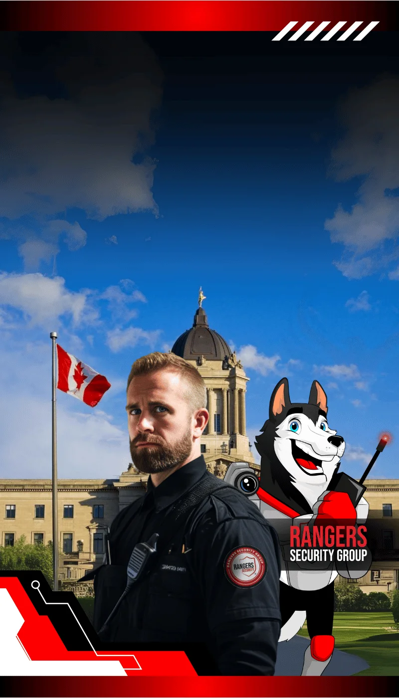 Rangers Security Group security guard expert and mascot demonstrating on-site security and live video monitoring services
