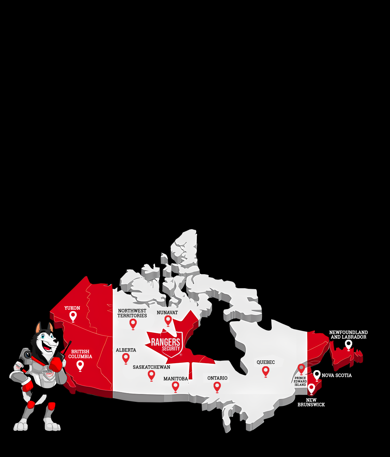 Map of Canada showing provinces and territories served by Rangers Security Group, with a wolf mascot pointing to locations for nationwide security services