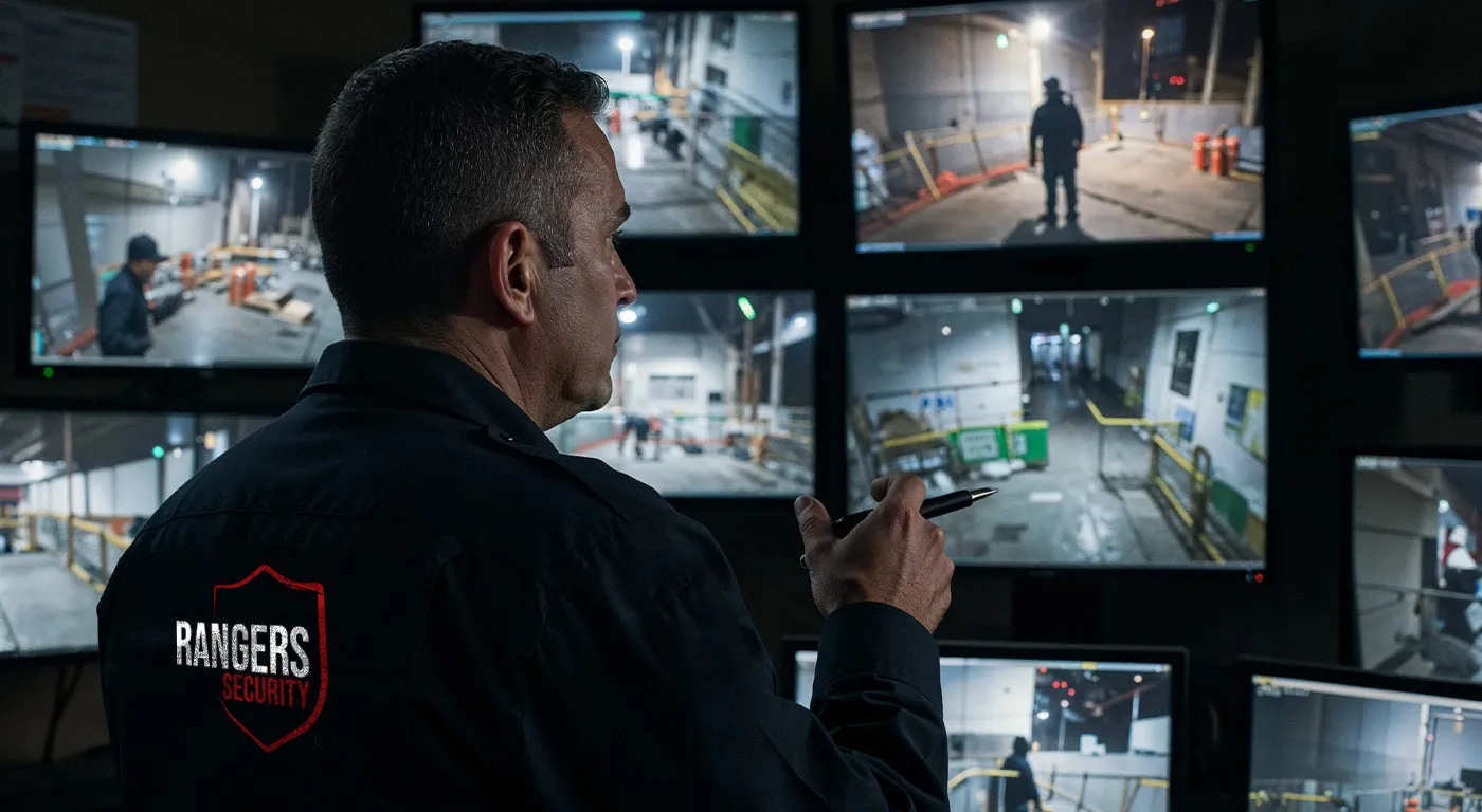 A security expert monitoring live video feeds and an on-site guard deterring a thief, with a mascot assisting to ensure full security