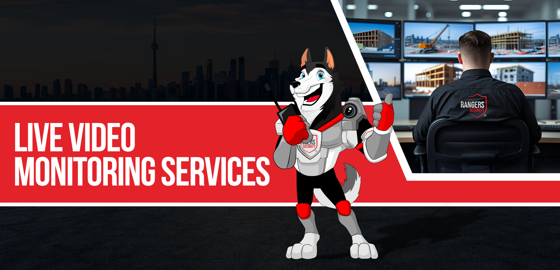 officer and wolf mascot monitoring multiple surveillance screens of various sites, representing advanced and attentive live video monitoring by trained security officers