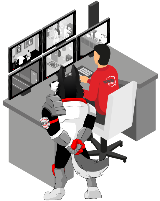 security guard with a mascot and advanced surveillance technology, showcasing customizable security solutions for real-time protection.