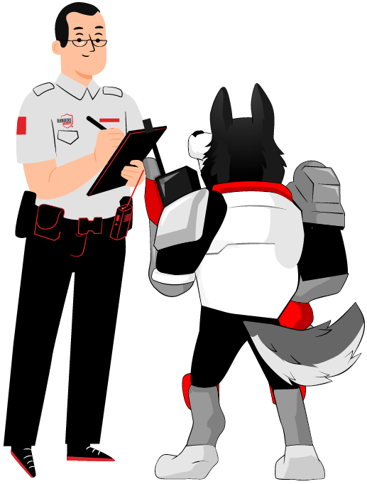 highly trained security guards with mascot, representing professionalism and reliability in on-site security services.