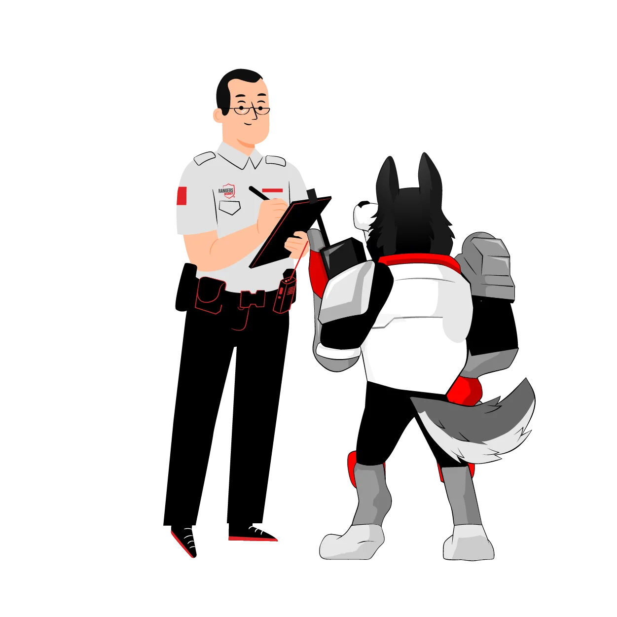 Reporting expert collecting security data from mascot, representing Rangers Security Group’s detailed incident reporting system with video logs and action summaries