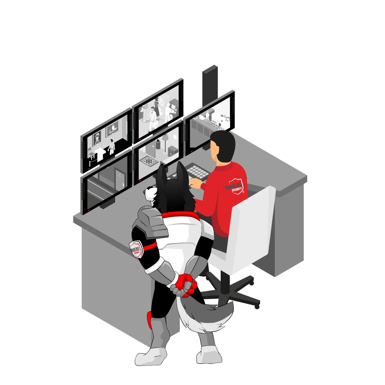 Mascot and security operator representing real-time camera links to Rangers Control Centre, and trained experts monitor properties 24/7