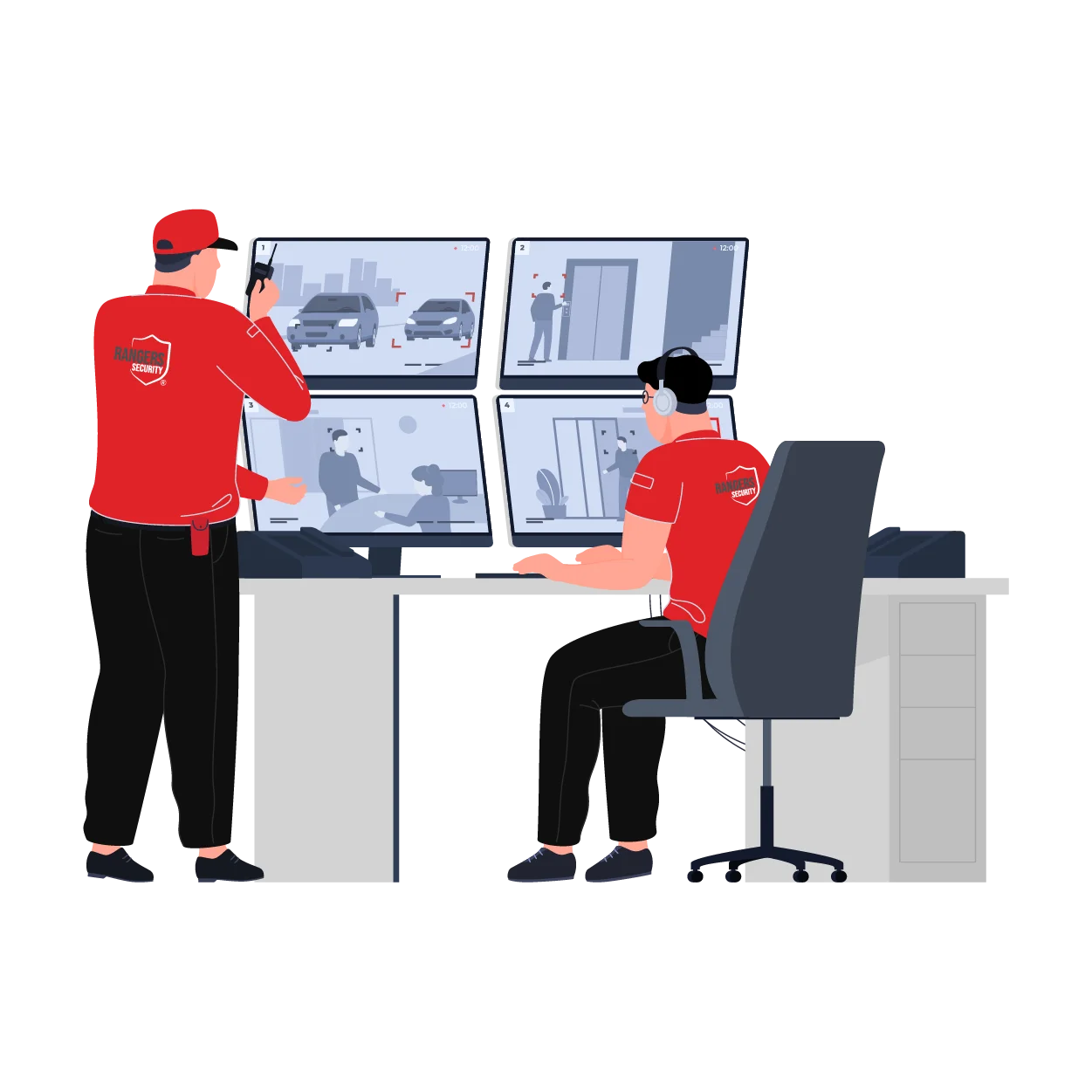 Security operator monitoring screens while manager reviews system performance in control room, representing Rangers Security Group’s ongoing system improvement process