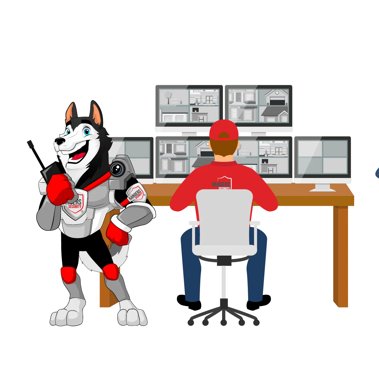 Security operator monitoring real-time screens while mascot represents active threat alerting, showcasing Rangers Security Group’s rapid response and threat analysis process