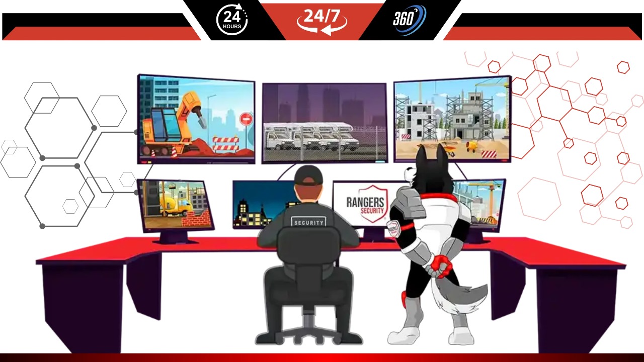 Rangers Security Group's 24/7 Control Center with an officer and mascot ensuring real-time security management for construction and urban areas.