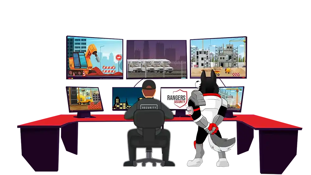 Rangers Security Group's 24/7 Control Center with an officer and mascot ensuring real-time security management for construction and urban areas.