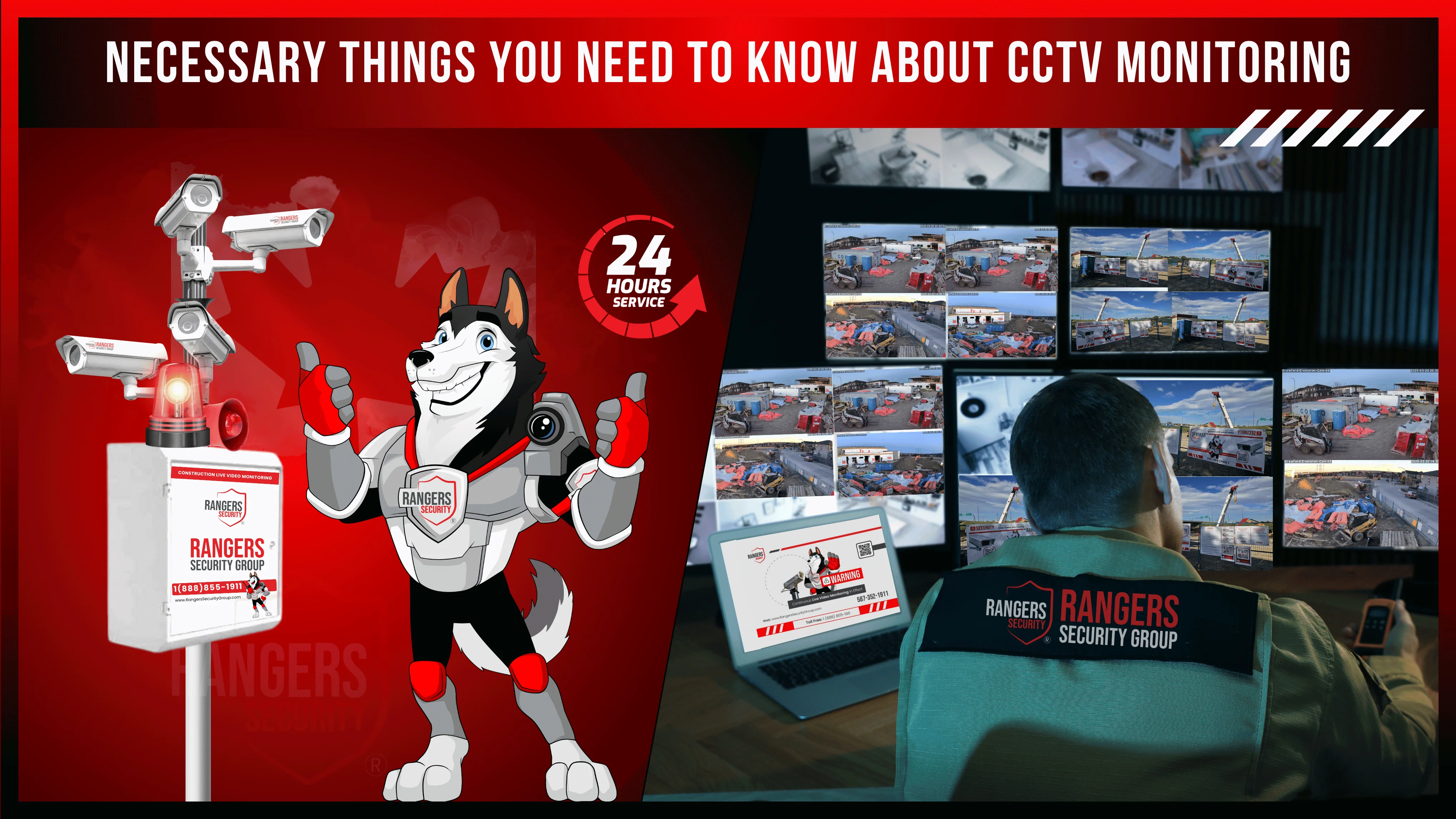 A security expert monitoring live video feeds and an on-site guard deterring a thief, with a mascot assisting to ensure full security