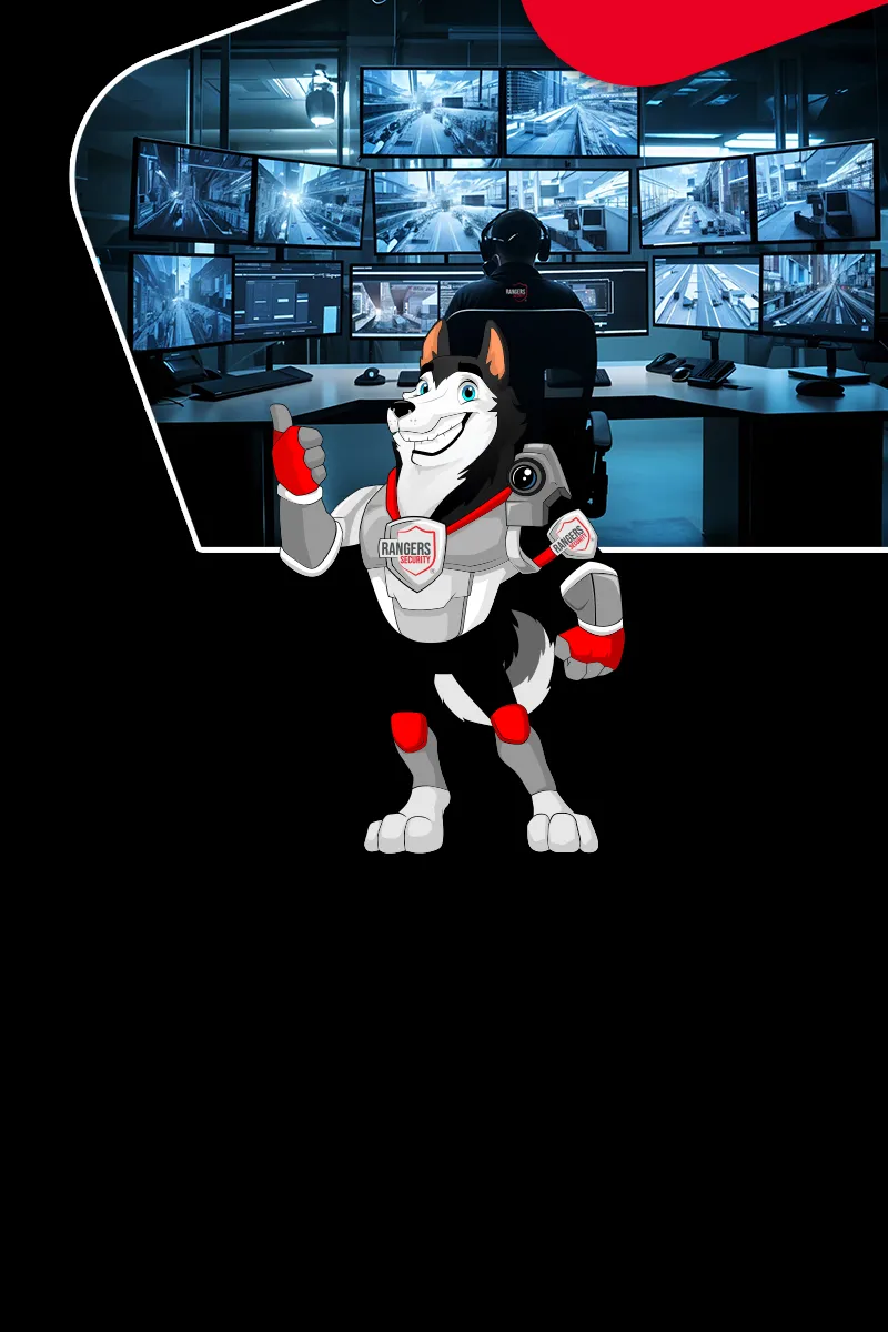 Rangers Security Group’s expert monitors multiple screens and a mascot represents to ensure real-time protection, safety, and security solutions.