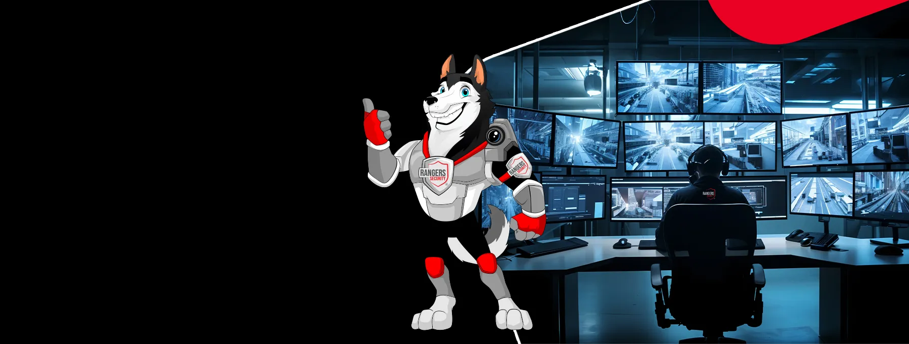 Rangers Security Group’s expert monitors multiple screens and a mascot represents to ensure real-time protection, safety, and security solutions.