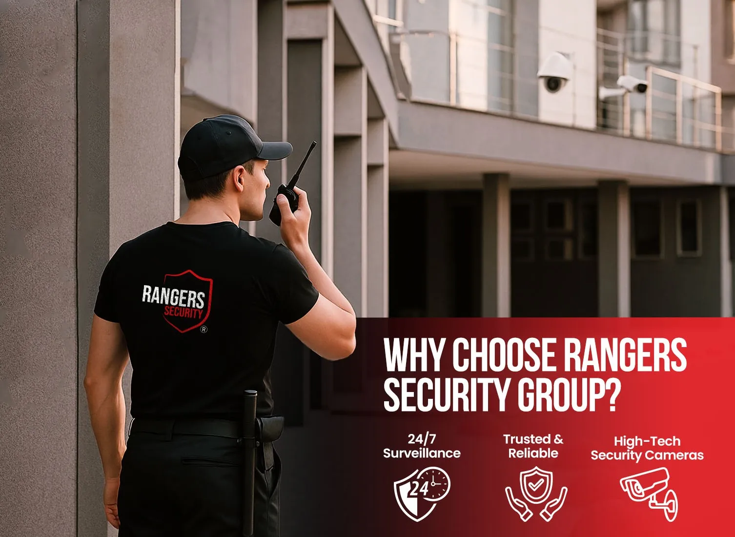 Rangers Security Group’s dedicated security officer with a walkie-talkie, ensuring complete protection and reliable on-site services