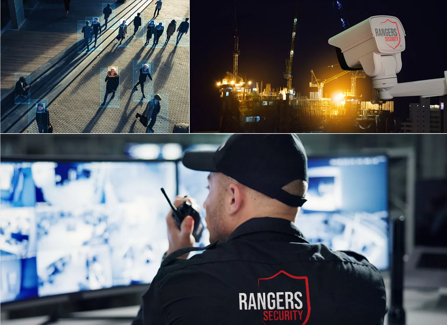 Security professional monitoring live screens and using a walkie-talkie to detect threats and alert teams for risk prevention