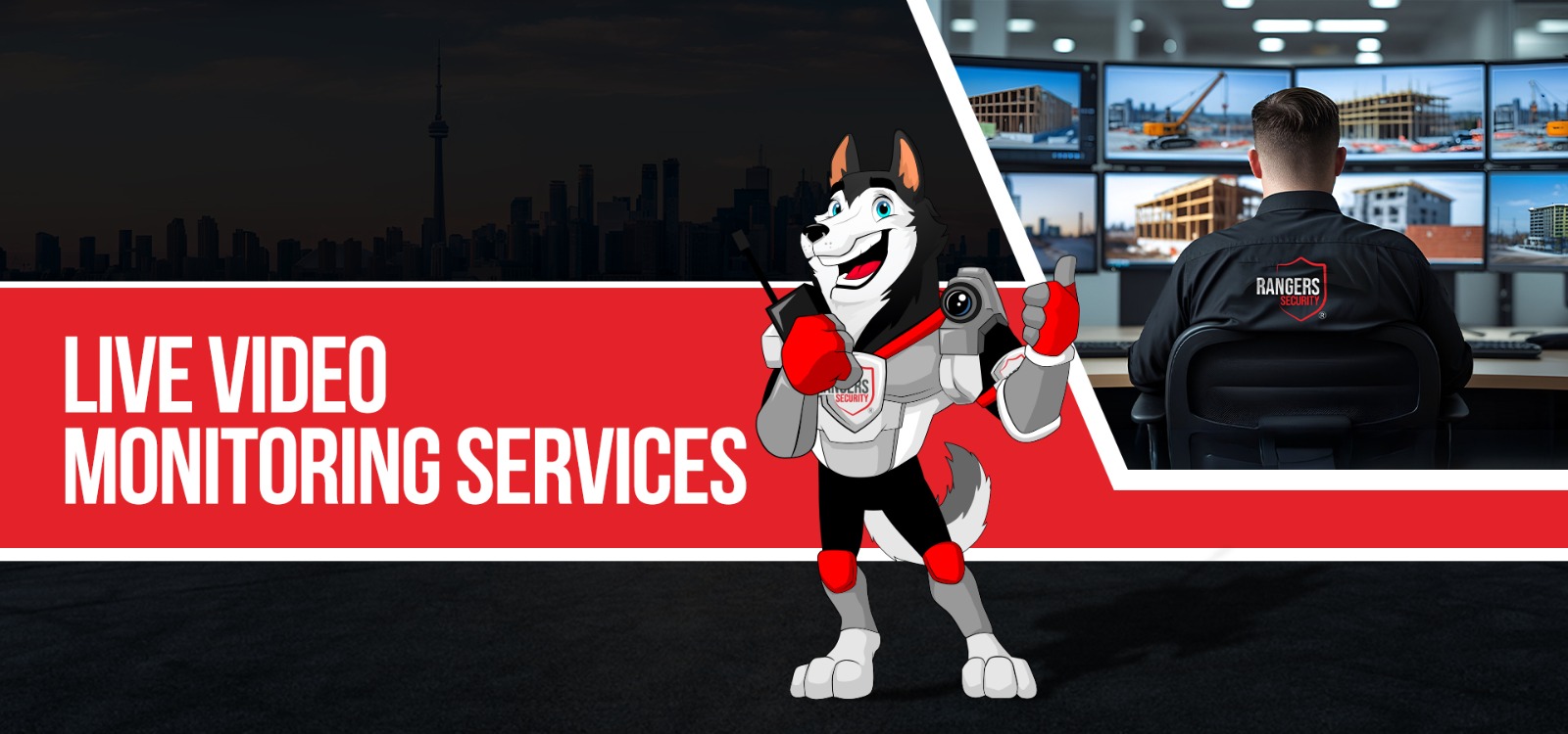 real-time surveillance setup with multiple security camera feeds monitored by rangers security group expert and mascot showcasing 24/7 live video survilance