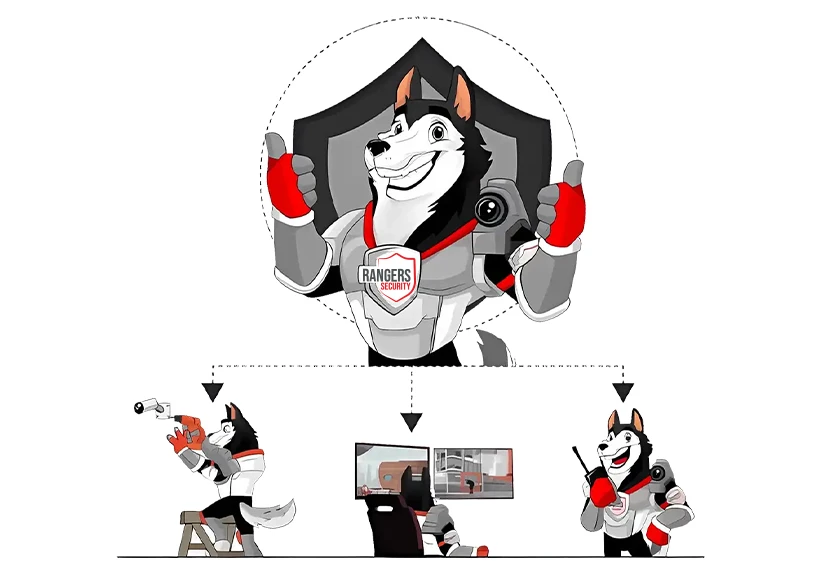 Mascot representing Rangers Security Group’s smart surveillance, on-site guards, camera systems, and mobile patrols for comprehensive protection