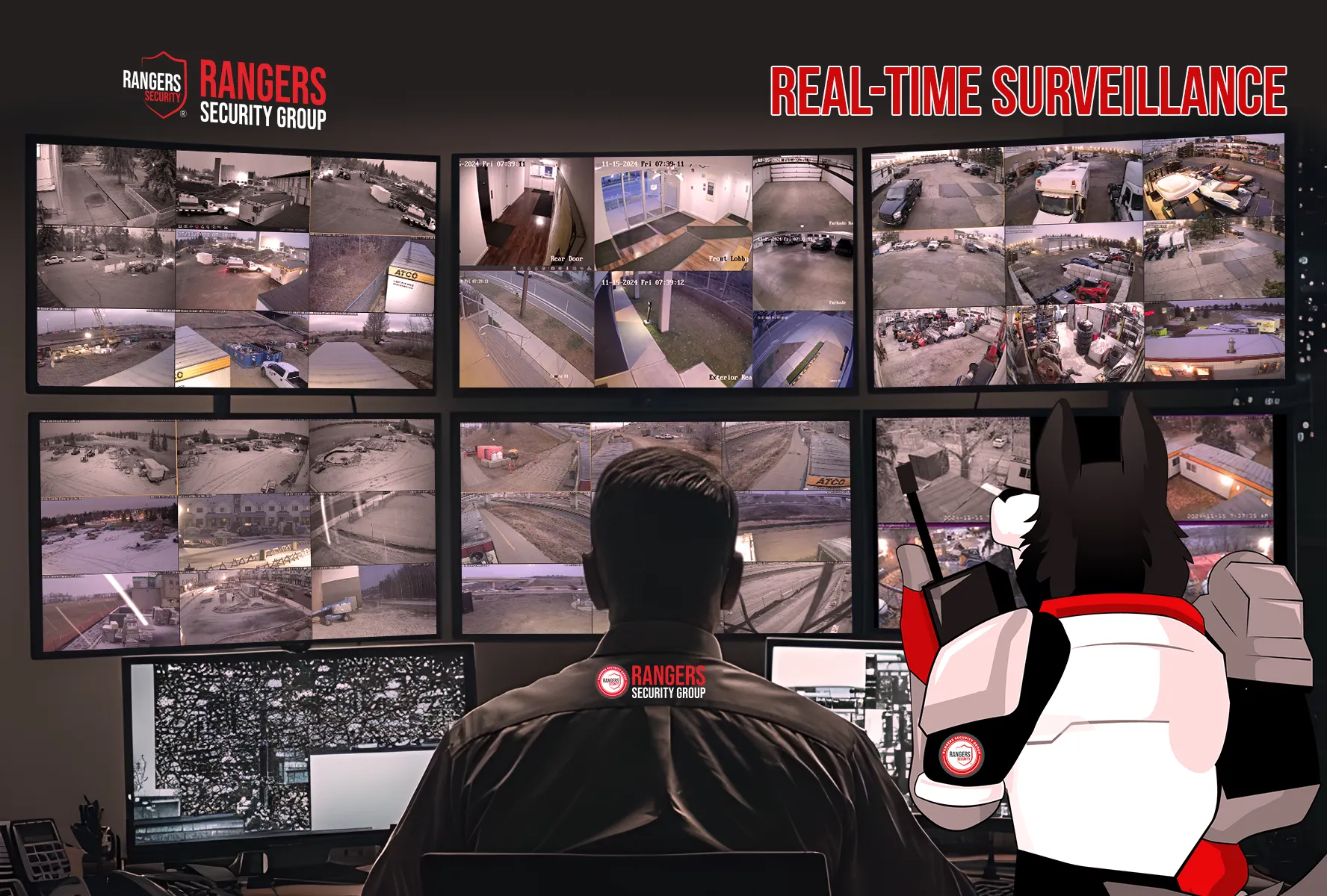real-time surveillance setup with multiple security camera feeds monitored by rangers security group expert and mascot showcasing 24/7 live video survilance