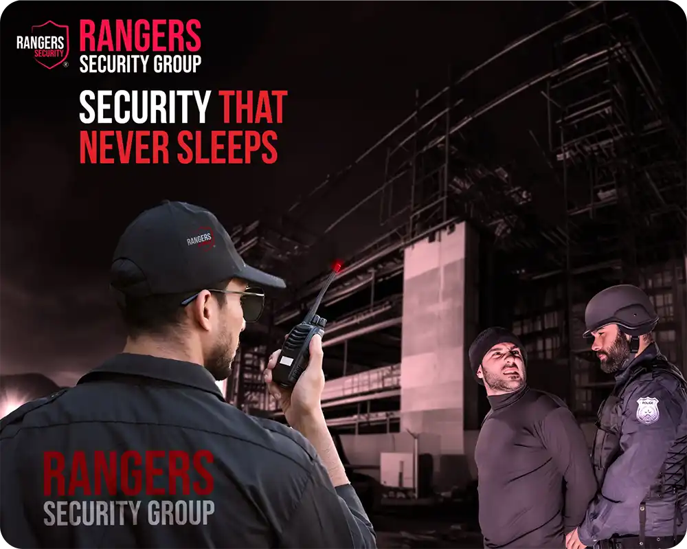 Rangers Security Group guards ensuring safety with a walkie-talkie and suspect detention at night, showcasing professional security services