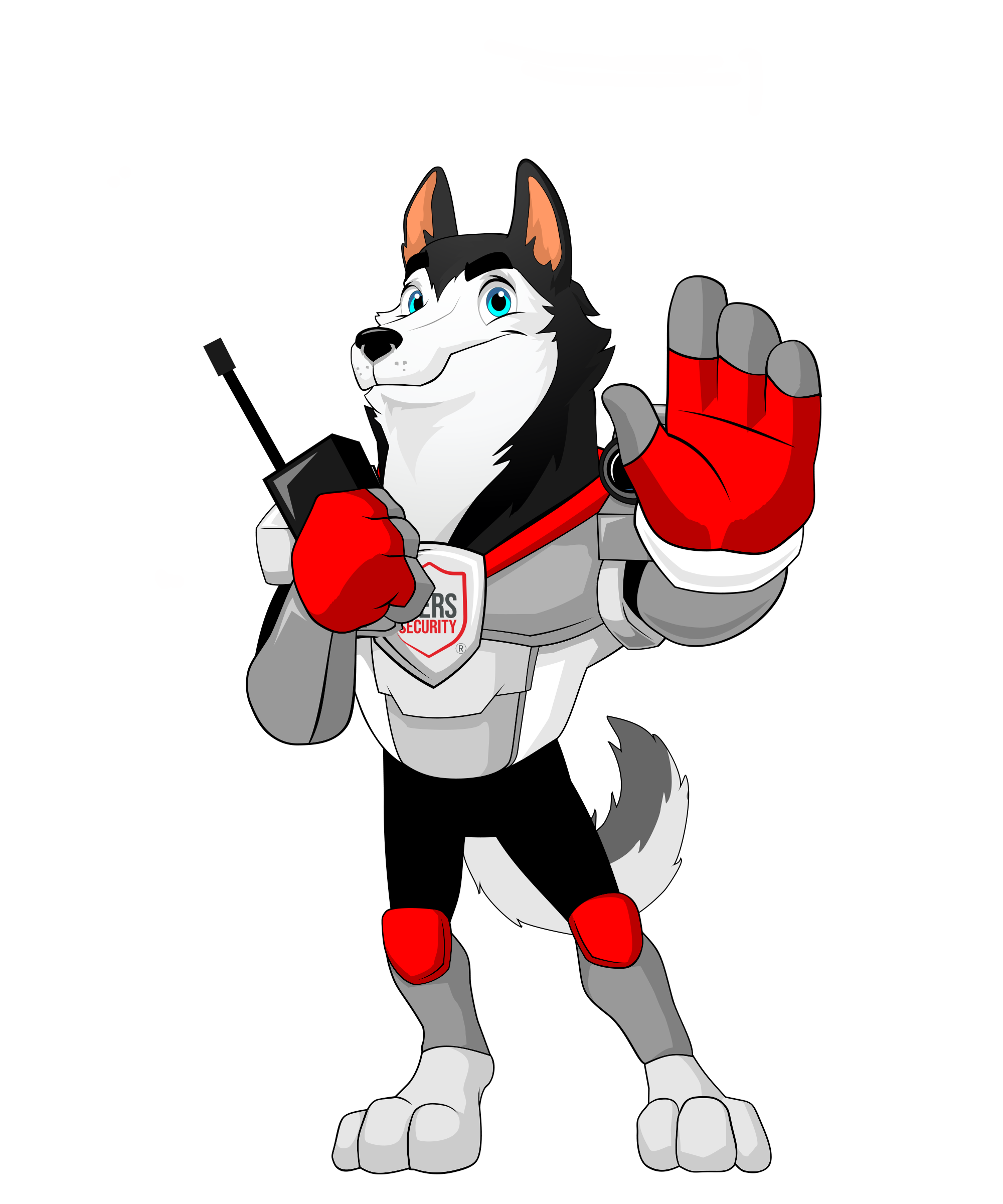 Wolf mascot with a raised hand and communication device, representing escalation of intruder activity to Rangers Operations Control Managers for immediate action.