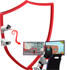 Wolf mascot monitoring live security camera feeds within a shield, representing customized security solutions tailored to specific site requirements by Rangers Security Group.