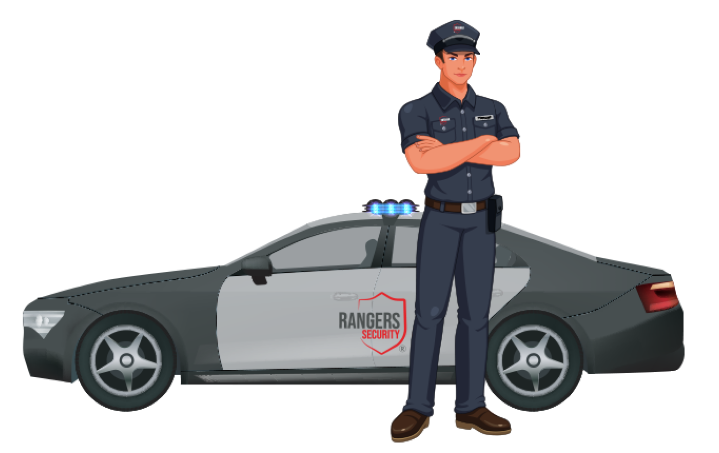 A police officer beside a patrol vehicle, representing readiness to respond to break-ins after being informed by Operations Control Managers