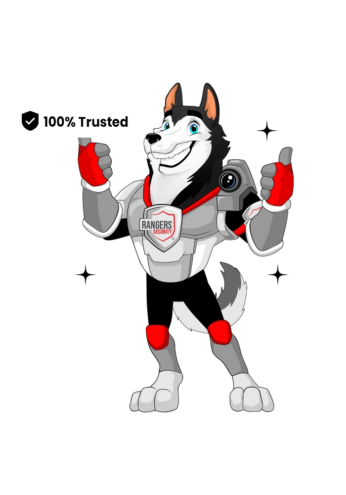 Wolf mascot giving a thumbs-up with a ' 100% Trusted ' badge, representing Rangers Security Group's proven service quality and reliability 