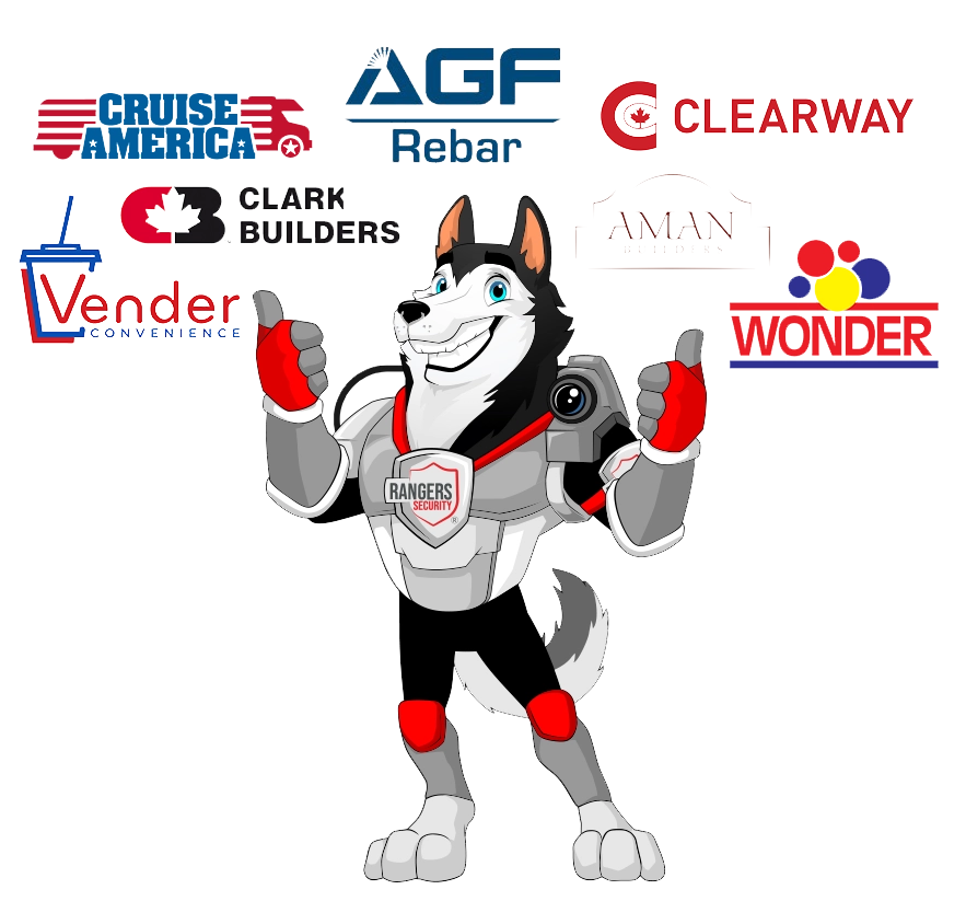 Wolf mascot representing Rangers Security Group, showcasing partnerships with notable brands like Cruise America, AGF Rebar, Clearway
