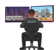 Security officer monitoring live video feeds of multiple sites, showcasing real-time surveillance for enhanced security by trained officers of Rangers Security Group.
