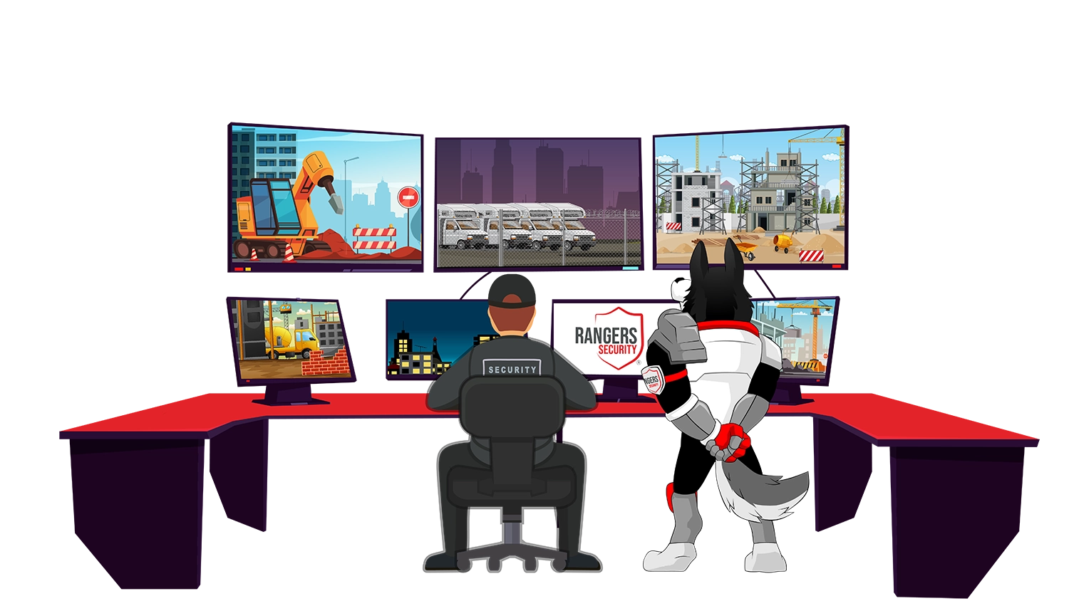 officer and wolf mascot monitoring multiple surveillance screens of various sites, representing advanced and attentive live video monitoring by trained security officers