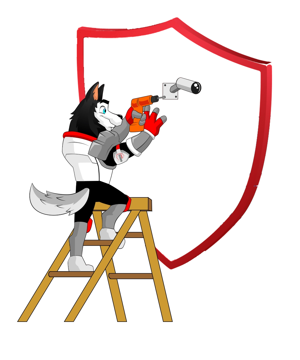 wolf mascot strategically installing a security camera on a shield structure, symbolizing surveillance of critical areas