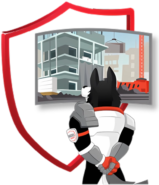 Wolf mascot monitoring a site on screen, representing advanced surveillance and live monitoring with immediate response for enhanced security