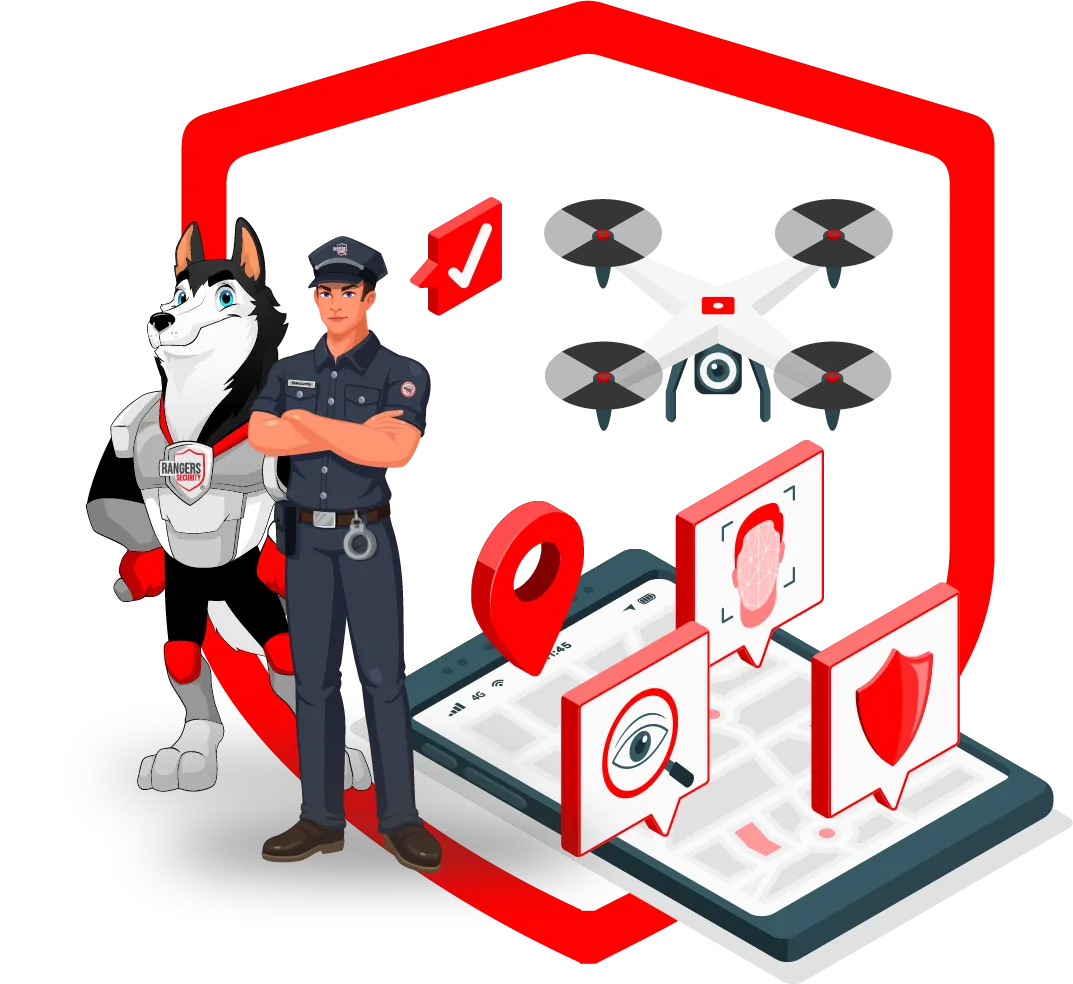 security guard with a mascot and advanced surveillance technology, showcasing customizable security solutions for real-time protection.