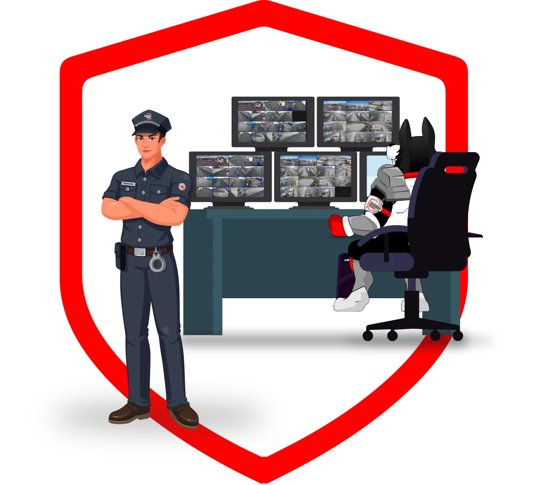 Security guard monitoring multiple surveillance screens, ensuring comprehensive security solutions for various sectors.