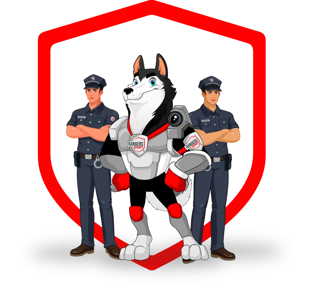 highly trained security guards with mascot, representing professionalism and reliability in on-site security services.