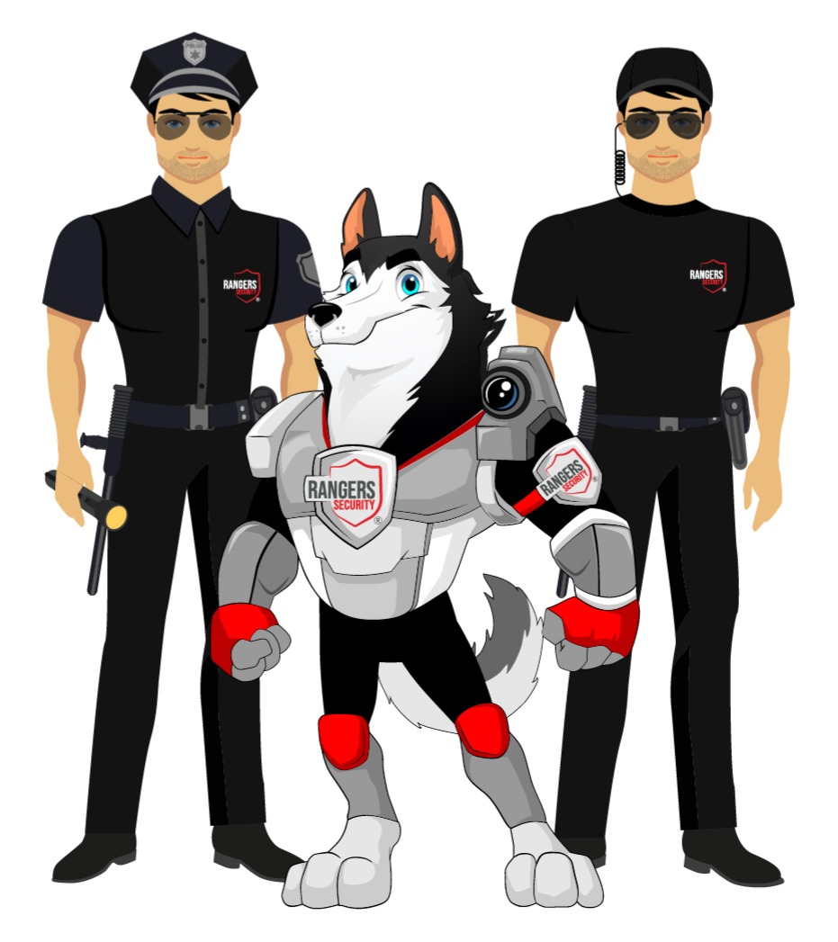 security guard with a mascot and advanced surveillance technology, showcasing customizable security solutions for real-time protection.