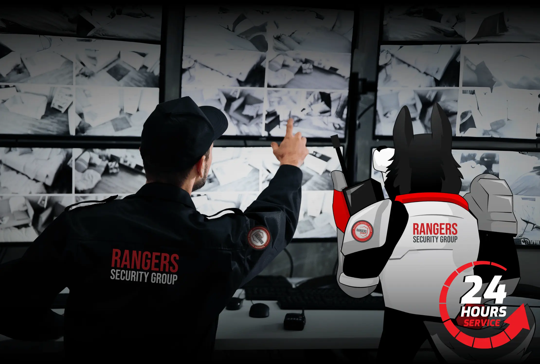 real-time surveillance setup with multiple security camera feeds monitored by rangers security group expert and mascot showcasing 24/7 live video surveillance