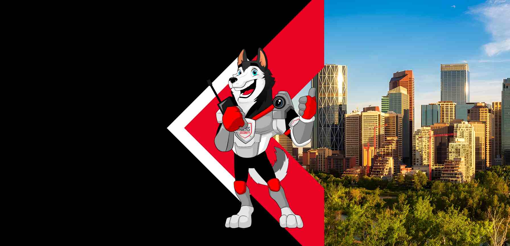 Rangers Security coverage map of Canada with a mascot in security gear, highlighting trusted surveillance and 24/7 service