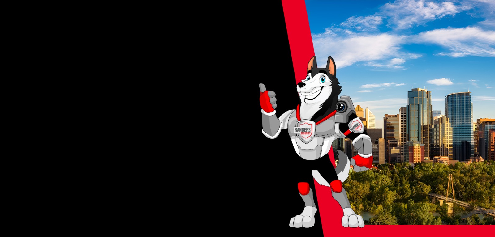 Rangers Security coverage map of Canada with a mascot in security gear, highlighting trusted surveillance and 24/7 service