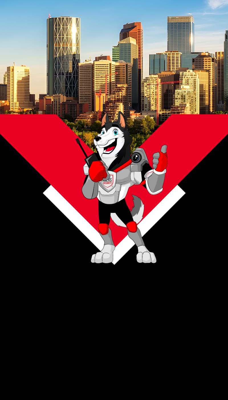 Map of Canada showing provinces and territories served by Rangers Security Group, with a wolf mascot pointing to locations for nationwide security services