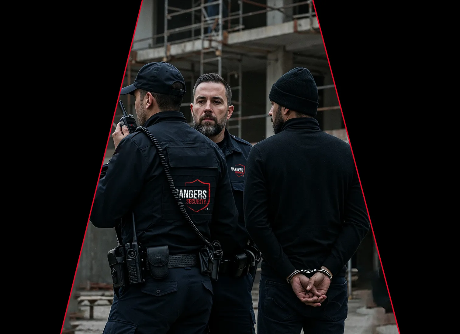 Uniformed security guard standing on-site in Alberta, enforcing access control and deterring unauthorized entry