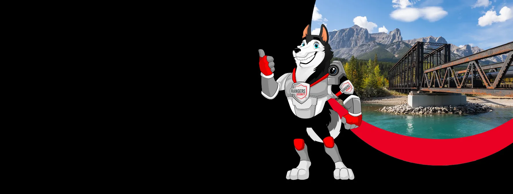 Rangers Security coverage map of Canada with a mascot in security gear, highlighting trusted surveillance and 24/7 service