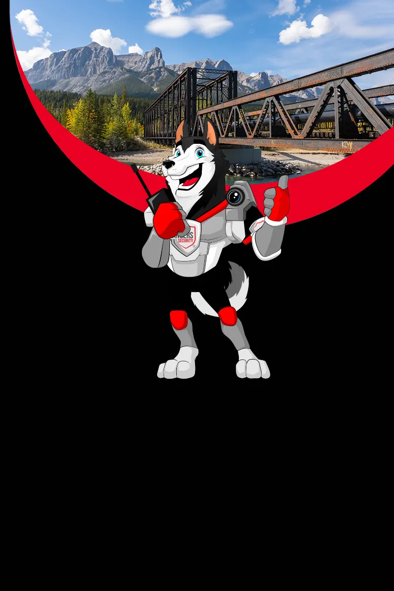 Map of Canada showing provinces and territories served by Rangers Security Group, with a wolf mascot pointing to locations for nationwide security services