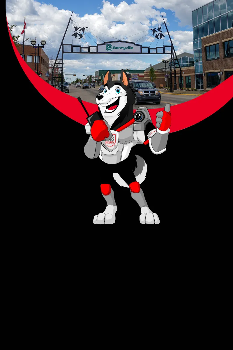 Map of Canada showing provinces and territories served by Rangers Security Group, with a wolf mascot pointing to locations for nationwide security services
